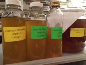 Homemade Kombucha bottles with labels